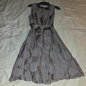 Coast Taupe silk Sleeveless dress belted raised flower detail feminine Size 10